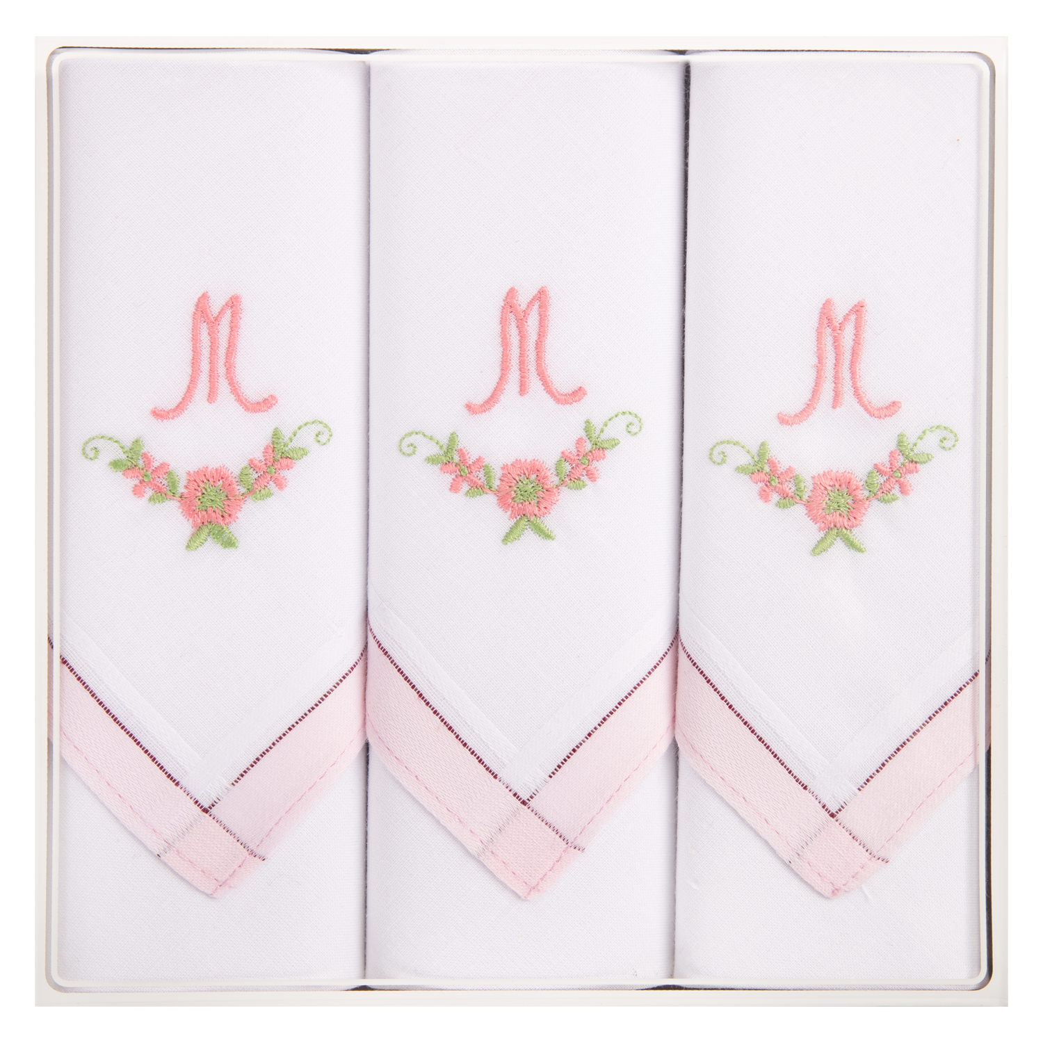 3er Packung Stofftaschentücher - Damen mit Monogramm rosa (bestickt) 