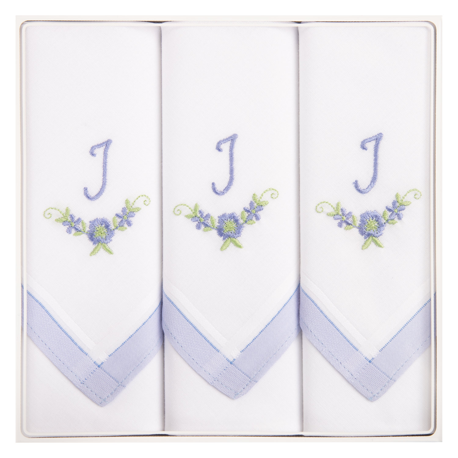 3er Packung Stofftaschentücher - Damen mit Monogramm blau (bestickt) 